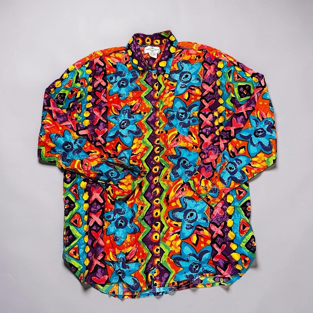 Vintage OSC 90s Rayon Shirt Large Abstract Floral Neon Maximalist Party Festival
